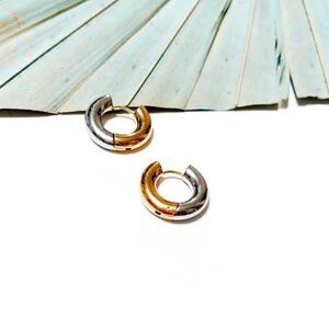 Two Tone Gold & Silver Huggie Hoop Minimalist Earrings